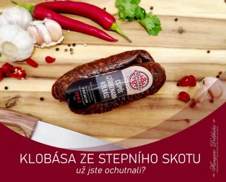🔥 Pikantní klobása ze stepního skotu – síla chuti Maďarska! 🔥 Tmavé hovězí maso maďarského stepního skotu s jemně...